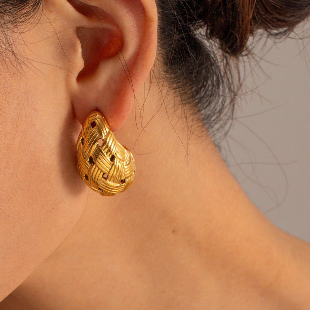 Woven Texture Water Drop Titanium Steel Gold Ear Rings