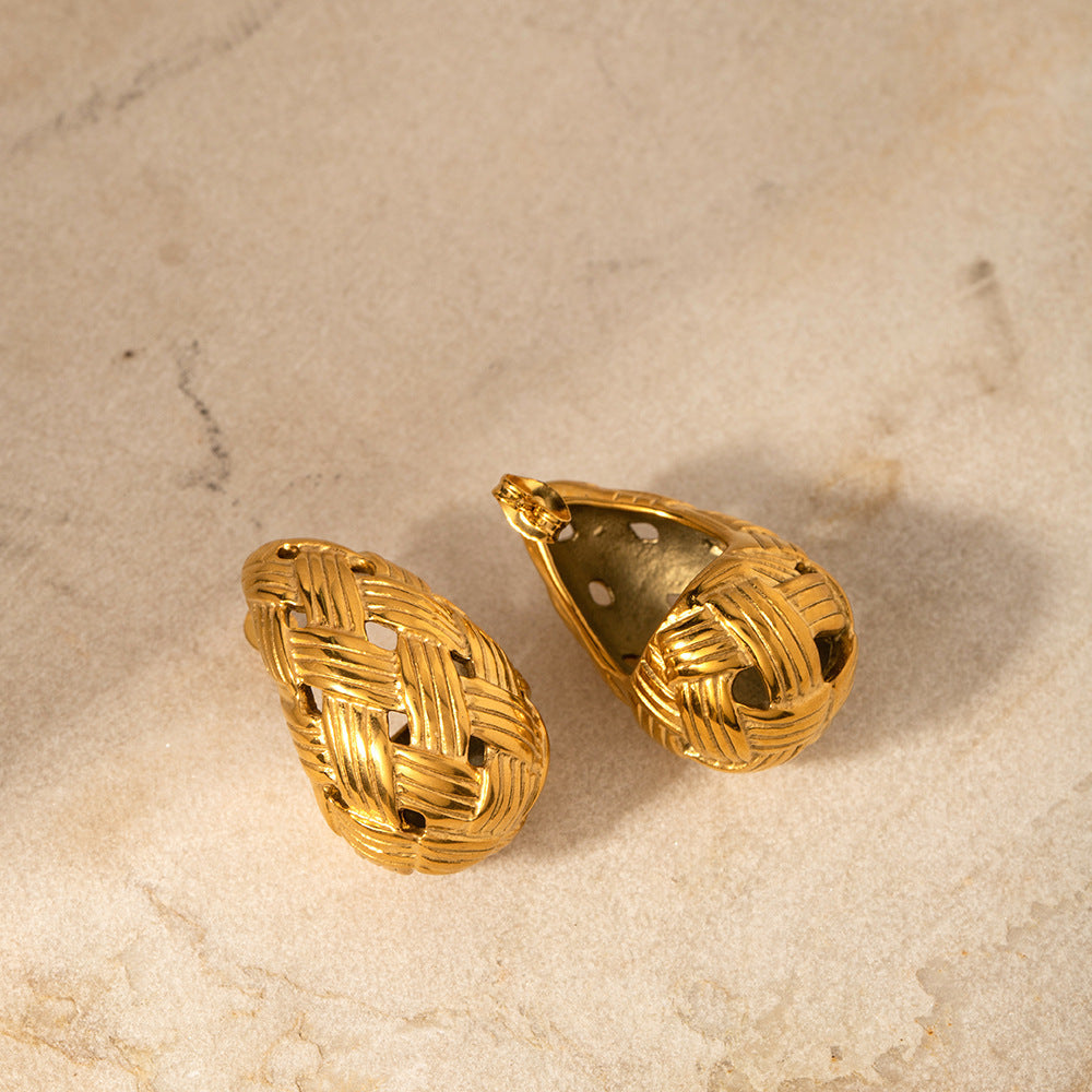 Woven Texture Water Drop Titanium Steel Gold Ear Rings